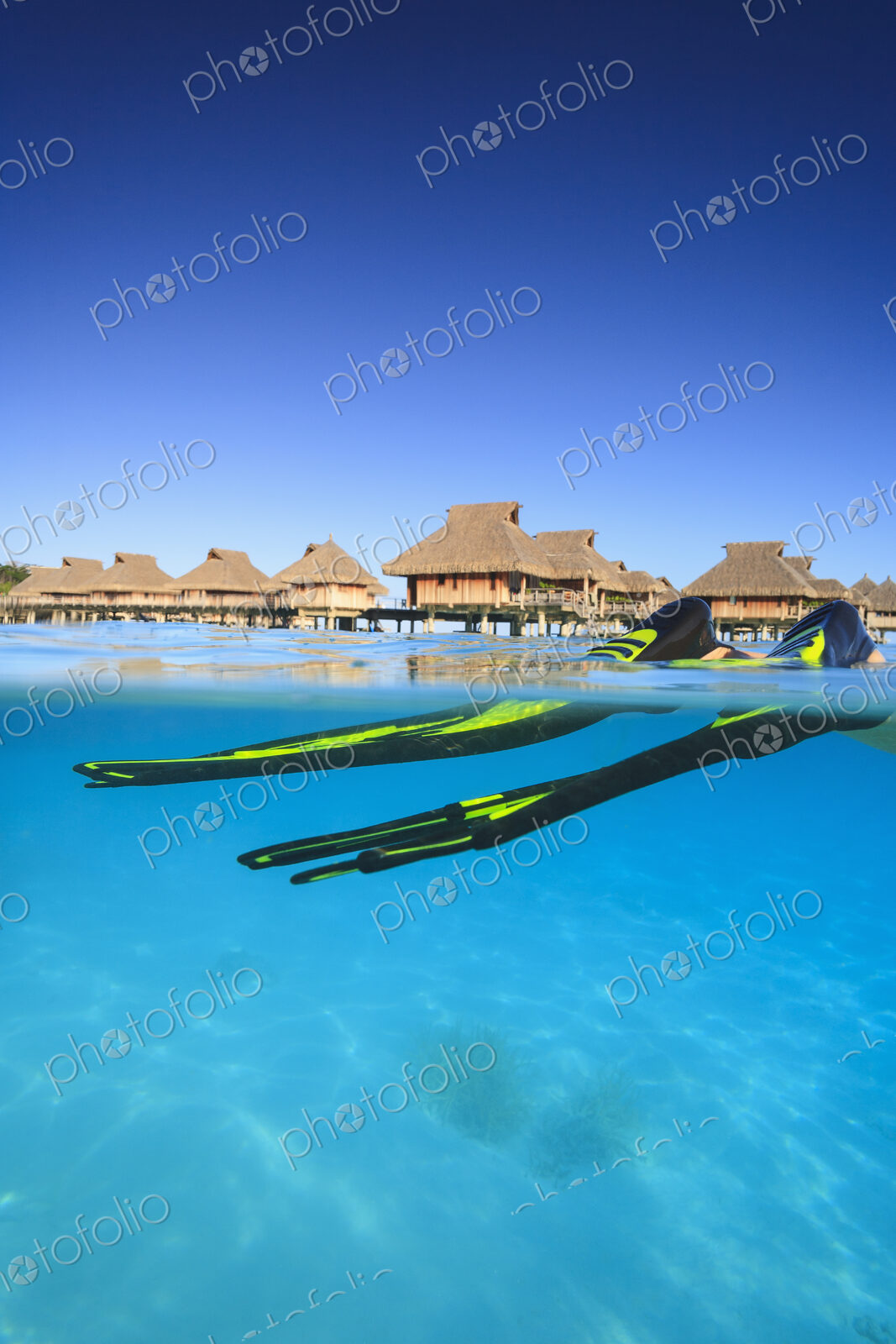 Snorkeler’s flippers in tropical water, Bora Bora, French Polynesia