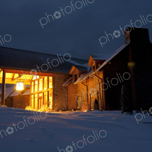 Snow Covered Countryside Hotel at Night