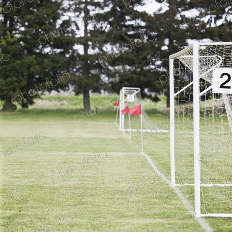 Soccer goal nets on soccer field.