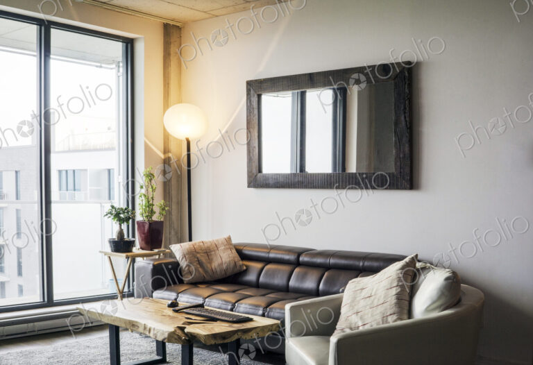 Sofa and armchair near a city living room window