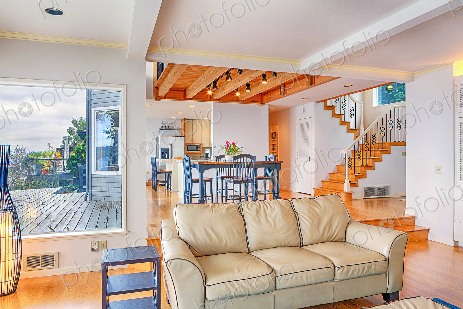 Sofa and dining table in modern living space
