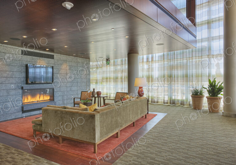 Sofa and fireplace in lobby