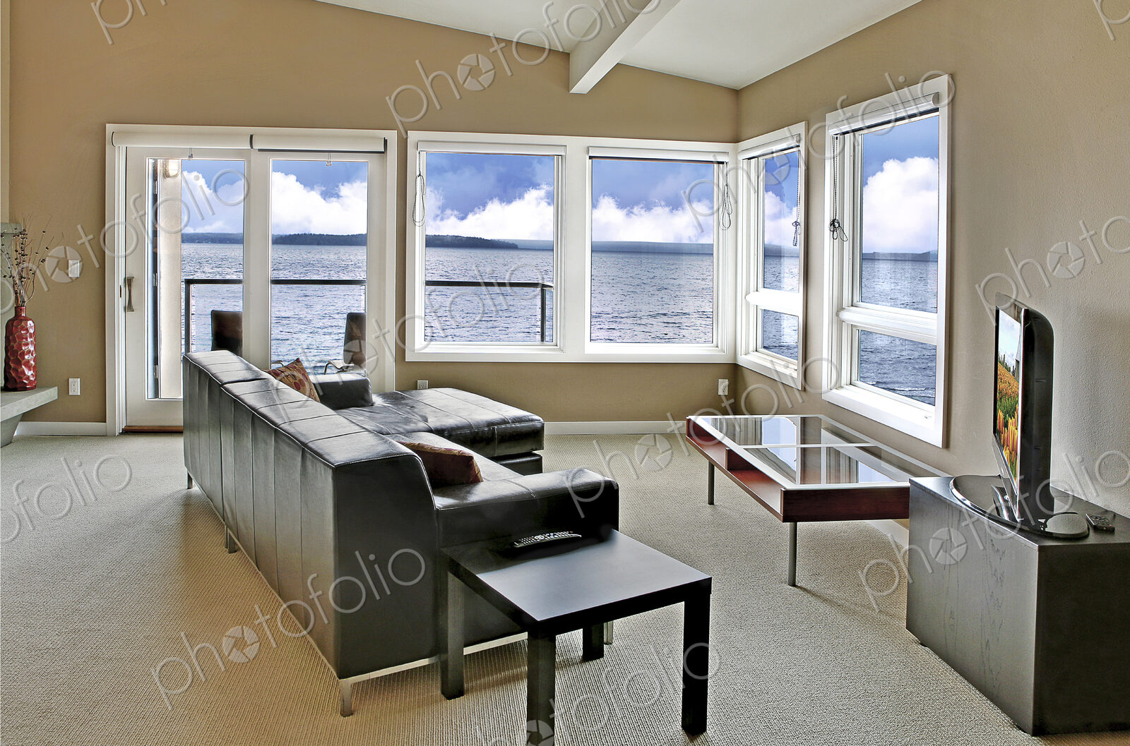 Sofa and television in modern livingroom with scenic view