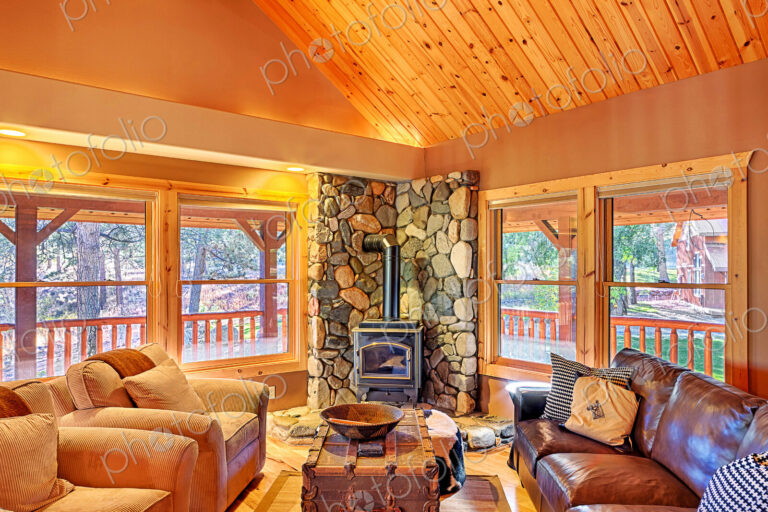 Sofas and fireplace in rustic living room