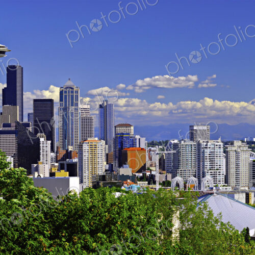 Space Needle and high rise buildings in Seattle city skyline, Washington, United States Space Needle and high rise buildings in Seattle city skyline, Washington, United States