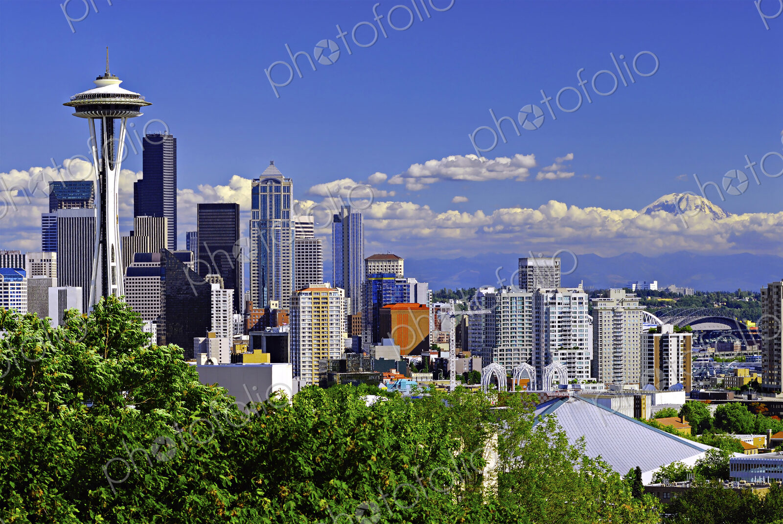 Space Needle and high rise buildings in Seattle city skyline, Washington, United States
