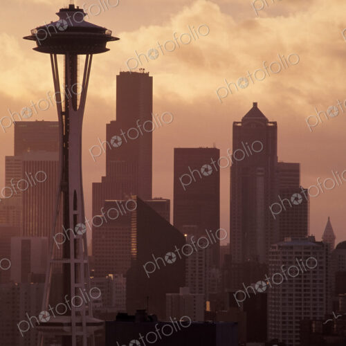 Space Needle and high rise buildings in Seattle city skyline, Washington, United States Space Needle and high rise buildings in Seattle city skyline, Washington, United States
