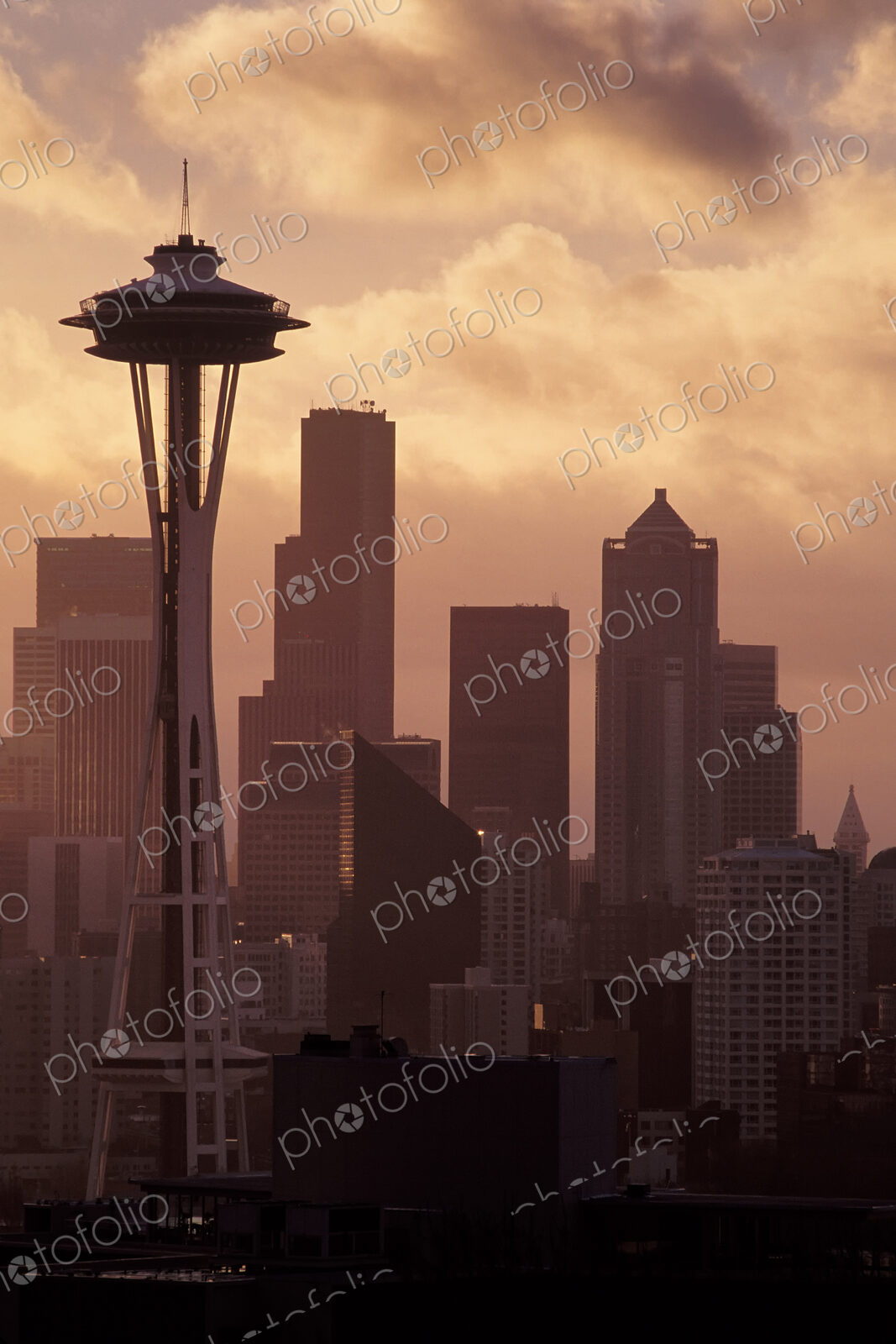 Space Needle and high rise buildings in Seattle city skyline, Washington, United States