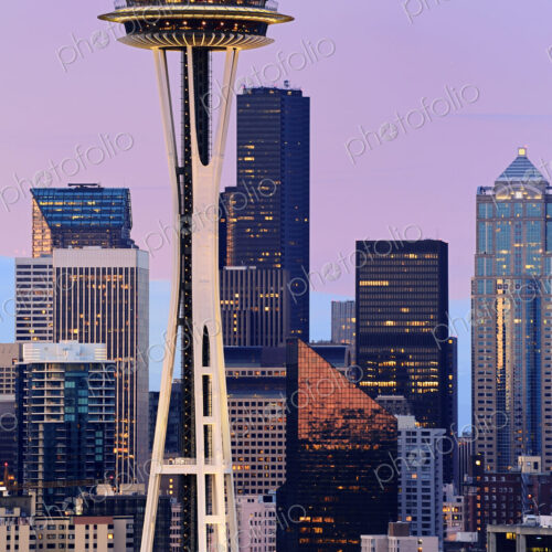 Space Needle and high rise buildings in Seattle city skyline at sunset, Washington,… Space Needle and high rise buildings in Seattle city skyline at sunset, Washington,…