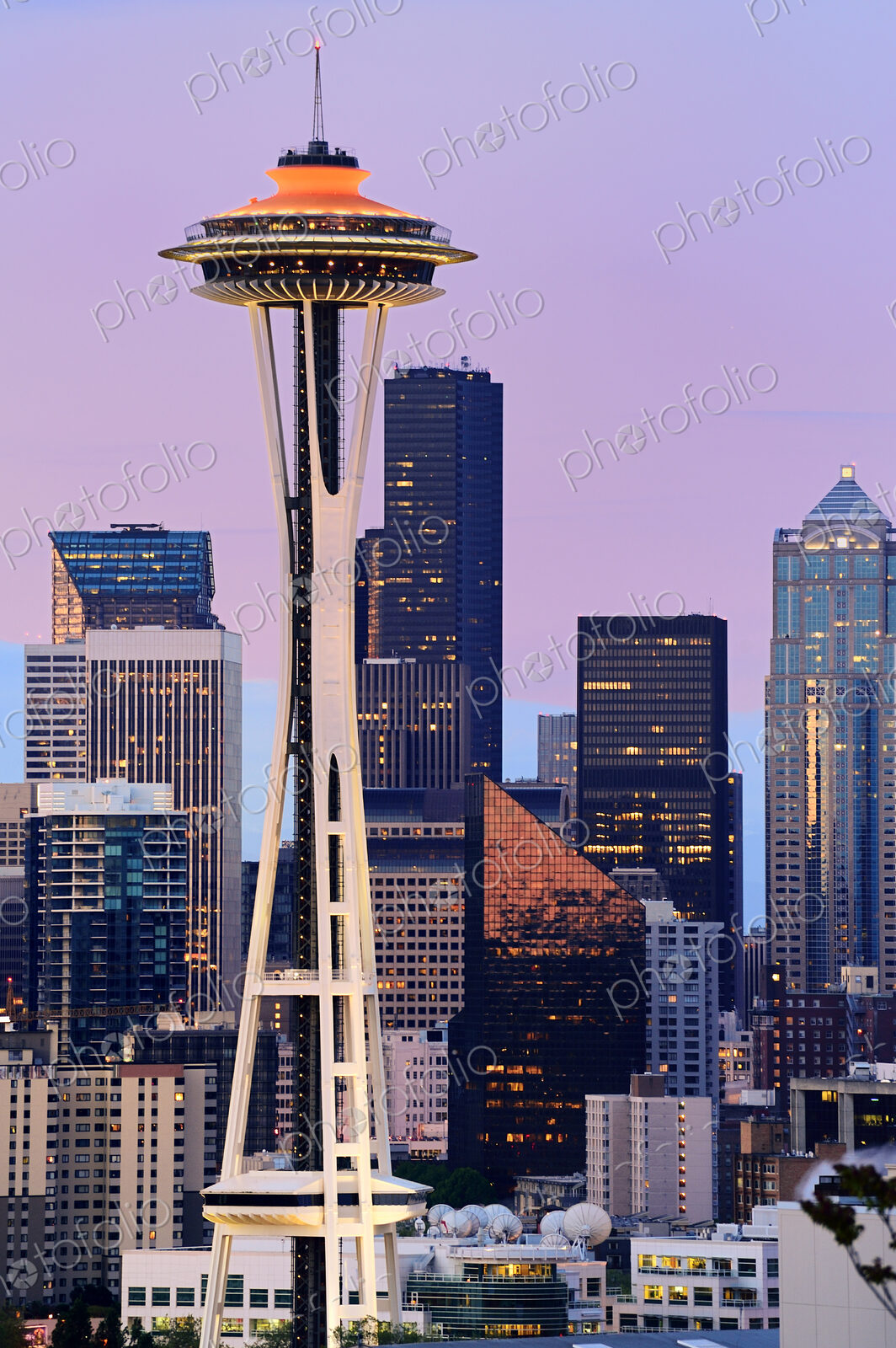 Space Needle and high rise buildings in Seattle city skyline at sunset, Washington,…