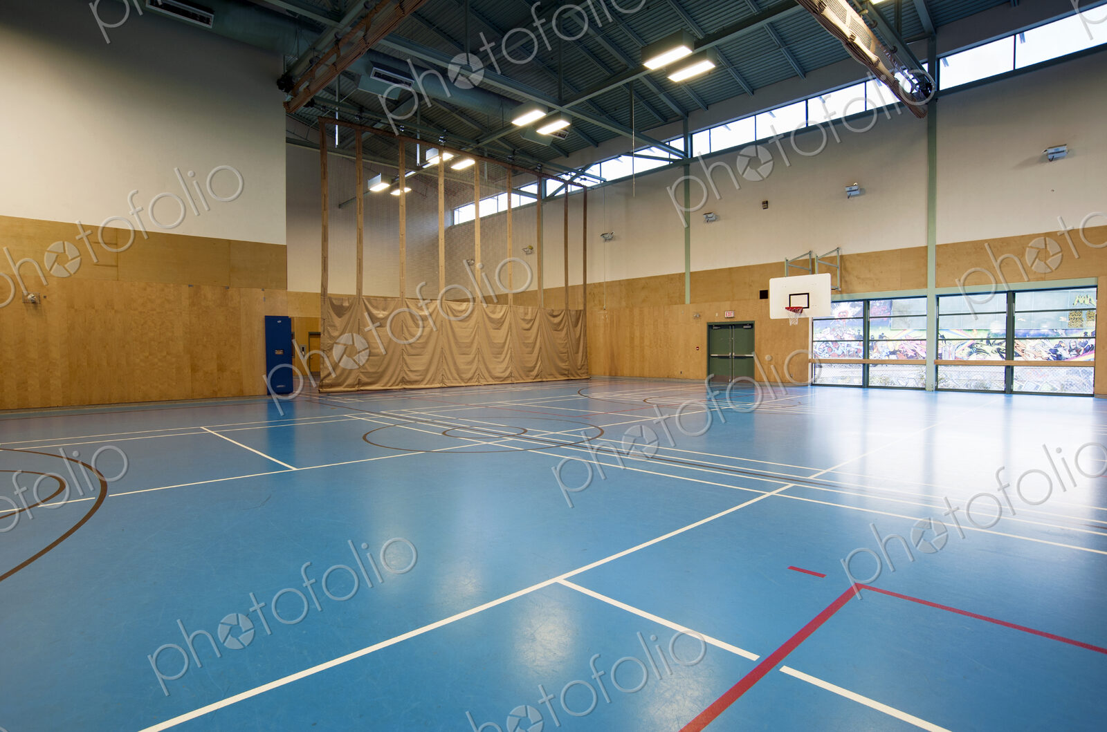 Spacious gymnasium with a basketball court floor markings, light and airy, glass doors
