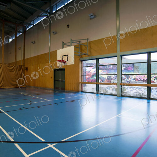 Spacious gymnasium with a basketball court floor markings, light and airy, glass doors