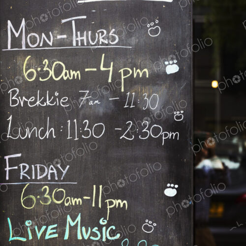 Specialist coffee shop. A chalk board with opening times and events listed. Specialist coffee shop. A chalk board with opening times and events listed.