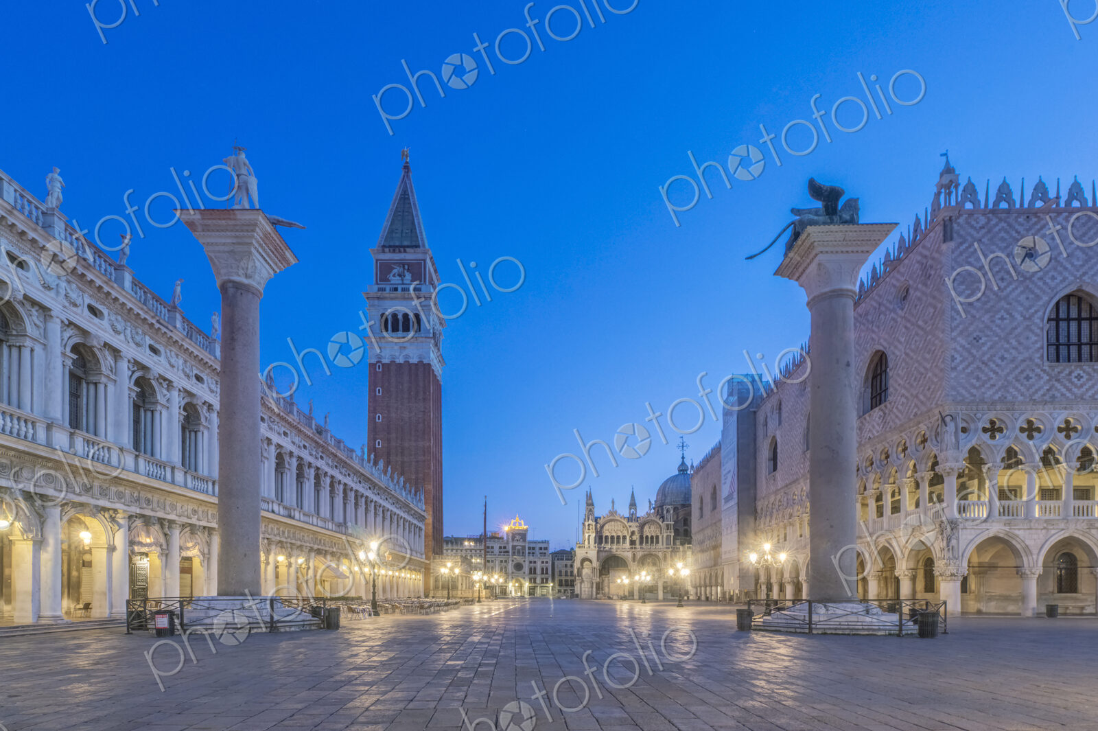 St Mark’s Square lit up at night, Venice, Italy.