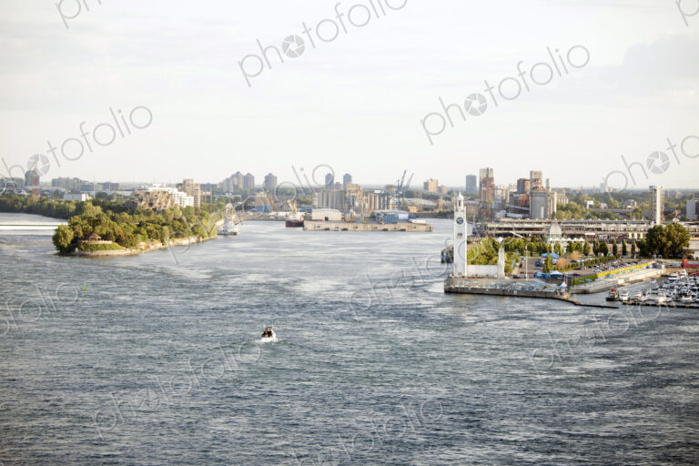 St. Lawrence River, elevated view, docks and marina, and cityscape of Quebec city