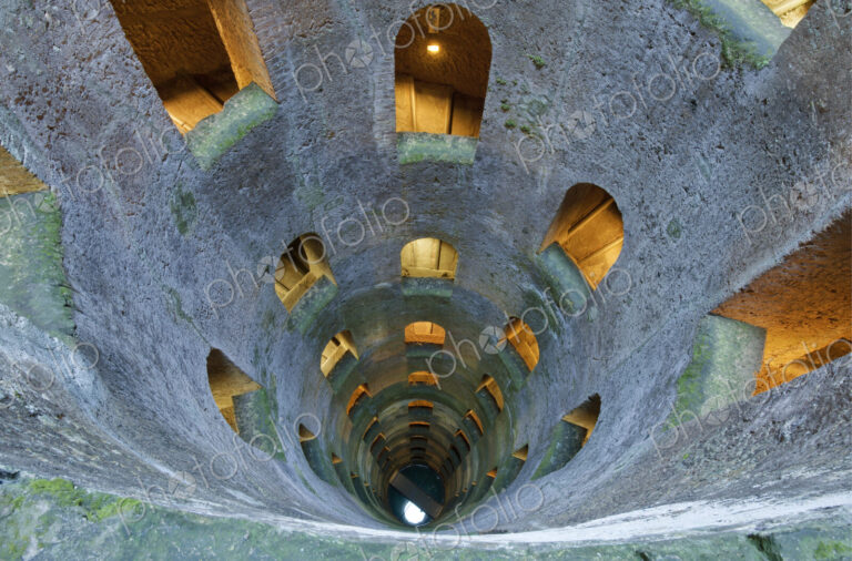 St. Patrick's Well, Pozzo di San Patrizio, view from the top of a deep well with stone…