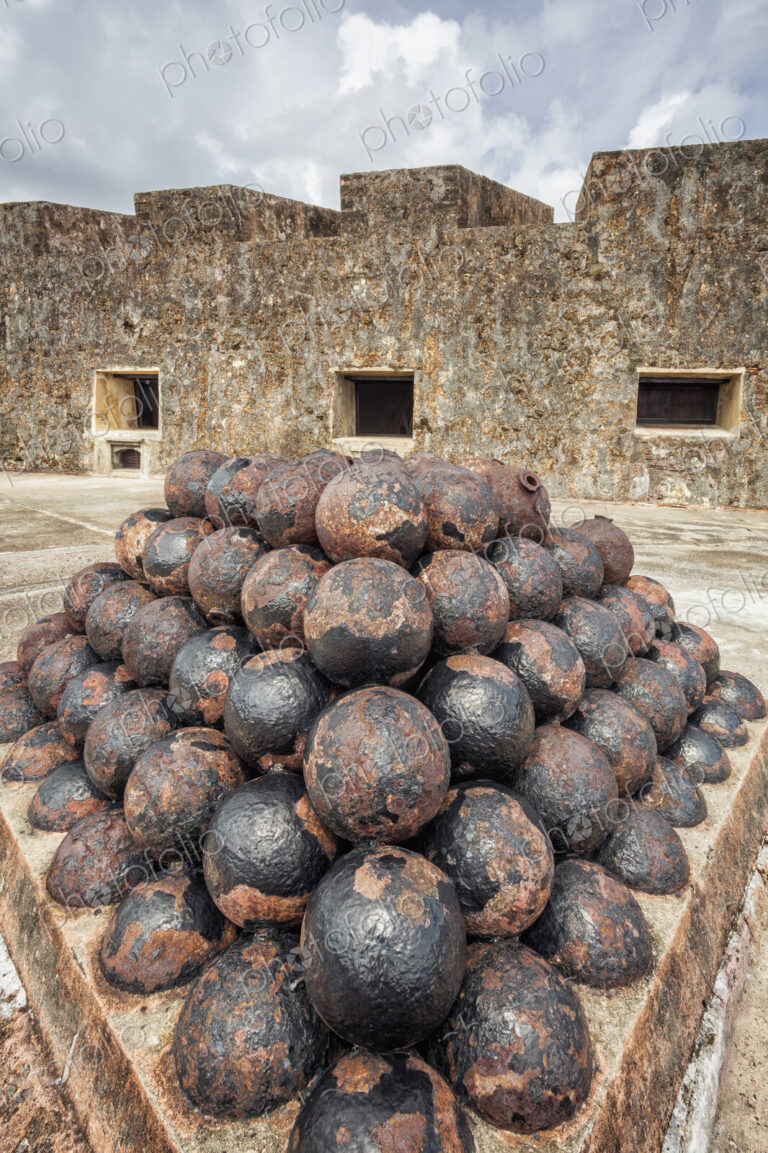 Stack of cannon balls on castle roof, Castillo San Cristobal, San Juan, Puerto Rico