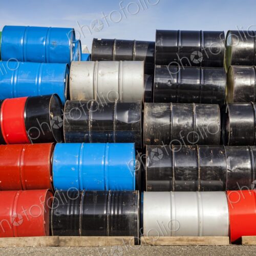 Stack of colorful petroleum barrels, Portland, Oregon, USA