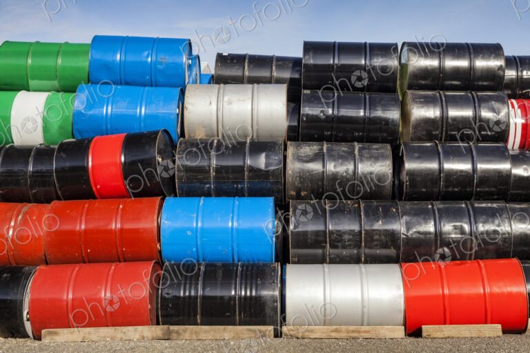 Stack of colorful petroleum barrels, Portland, Oregon, USA