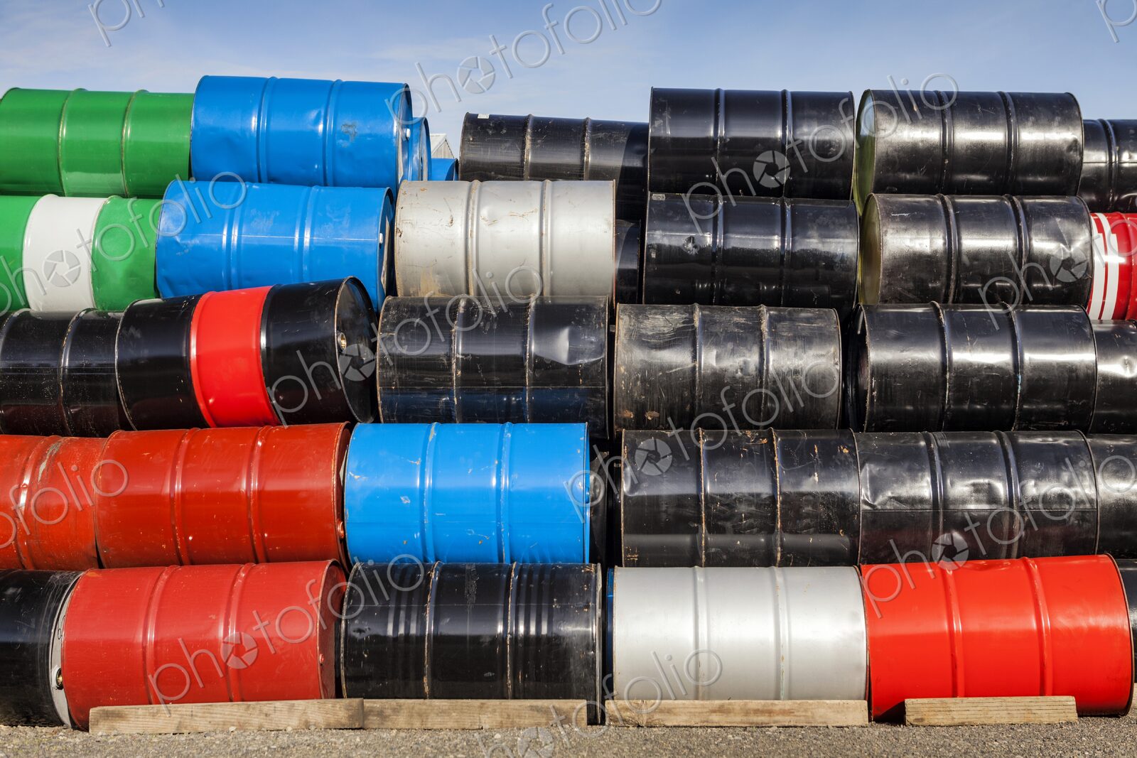 Stack of colorful petroleum barrels, Portland, Oregon, USA