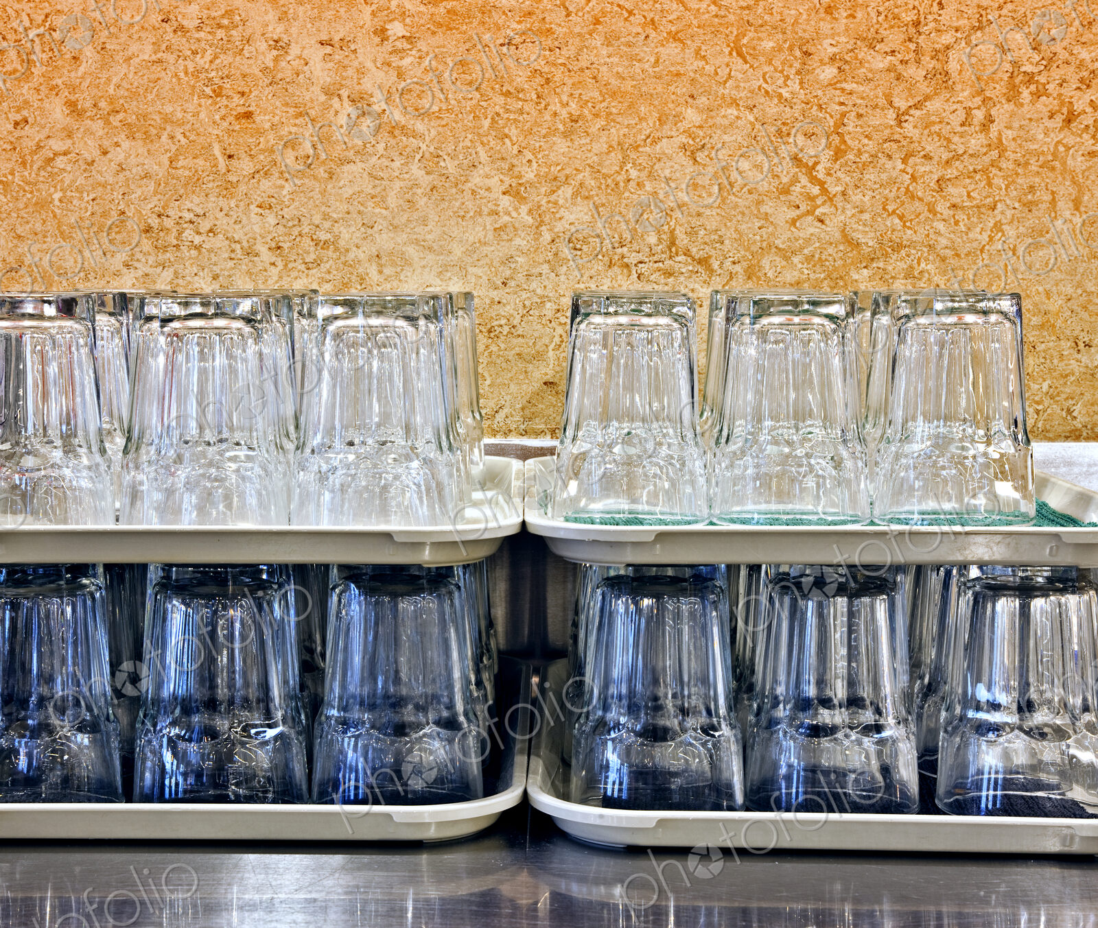 Stacked Glasses in a Cafeteria