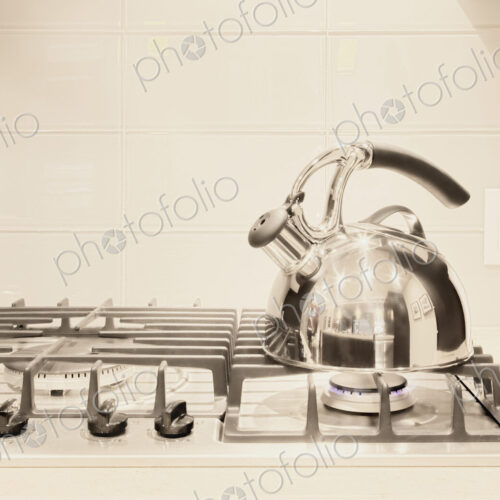 Stainless steel tea kettle on stove Stainless steel tea kettle on stove