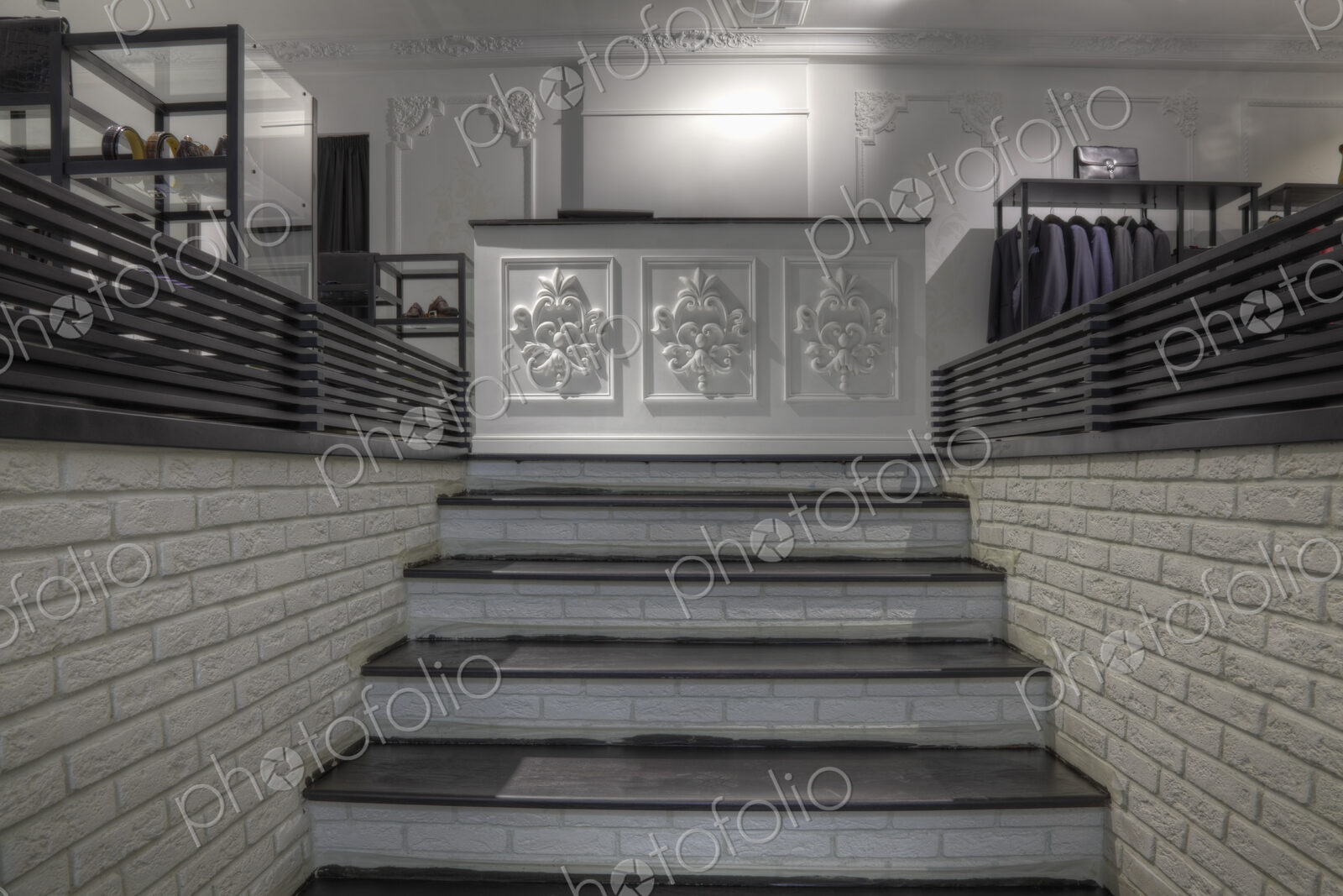Staircase to counter in clothing store for men