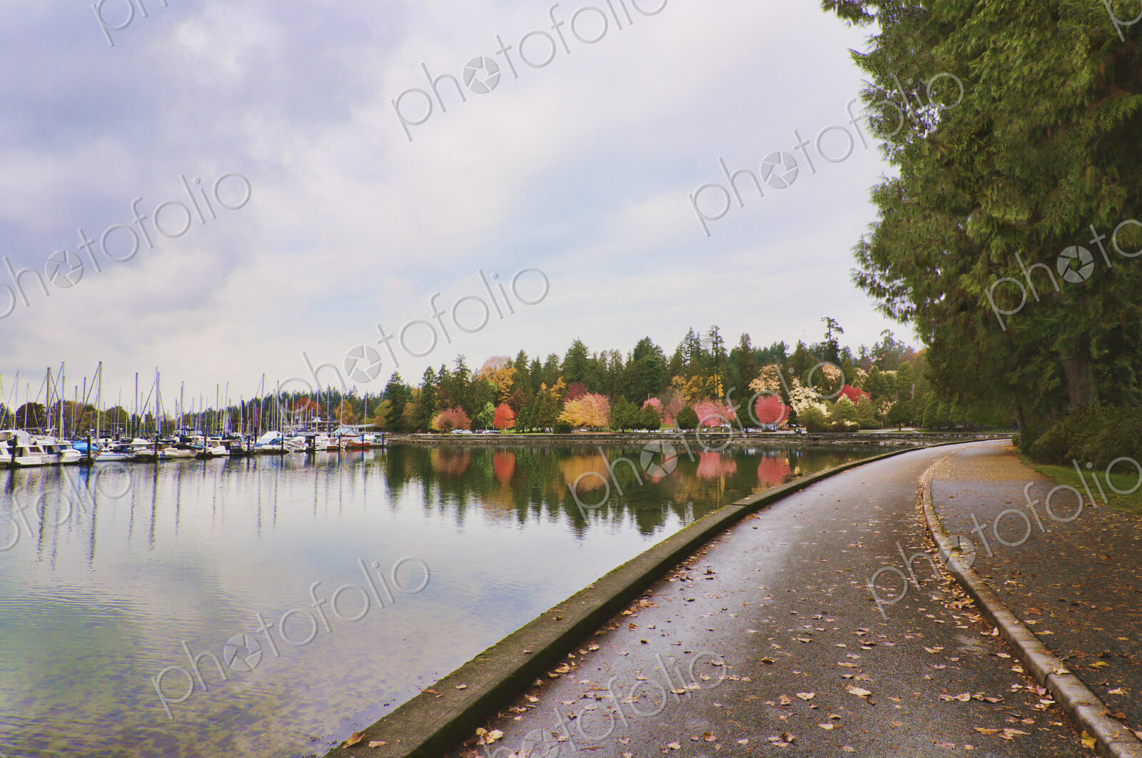 Stanley park in autumn, pathway along the waterfront, marina and woodland.