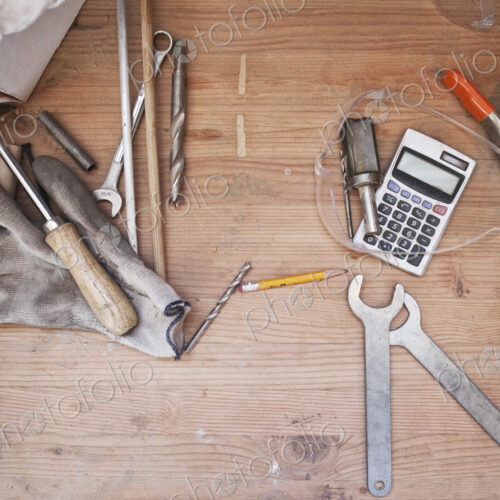 Still life of a desktop and tools in a woodworking factory. Still life of a desktop and tools in a woodworking factory.