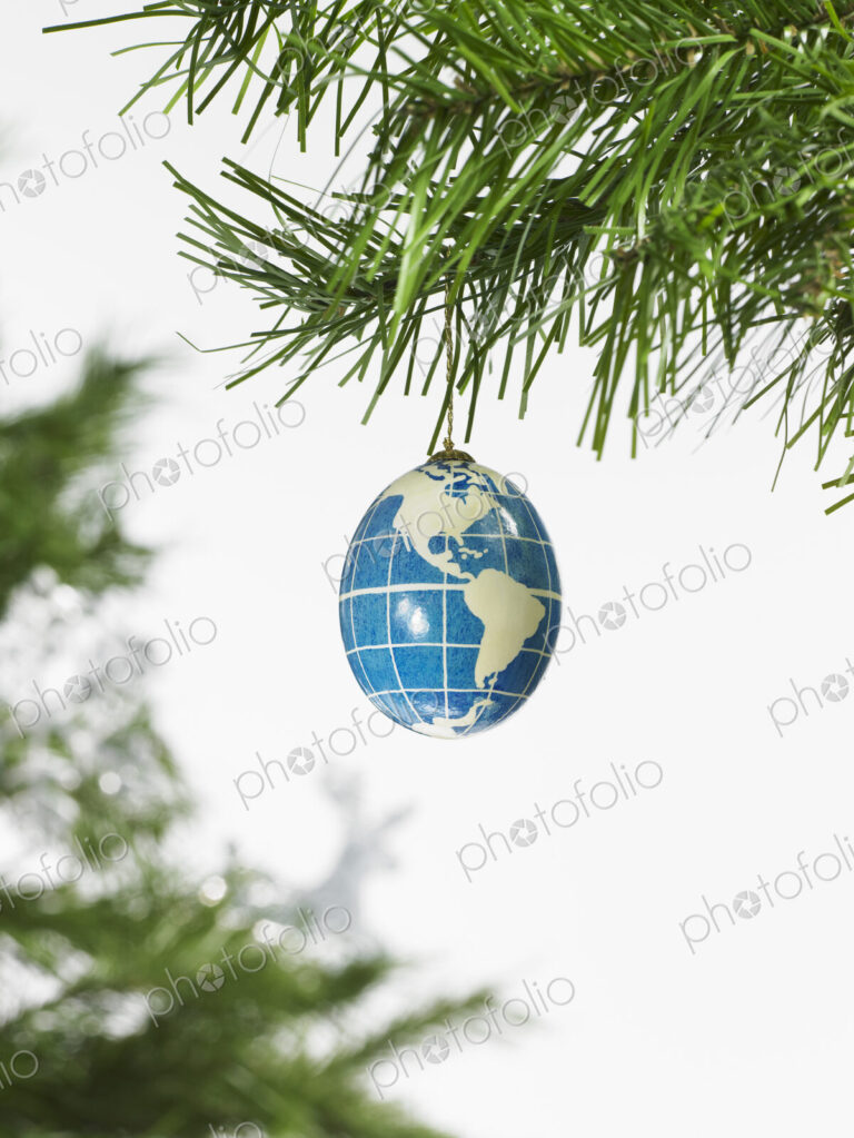 Still life. Green leaf foliage and decorations. A pine tree branch and a blue and…