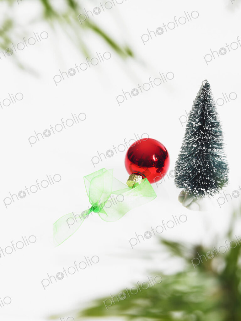 Still life. Green leaf foliage and decorations. A pine tree branch with green needles.…