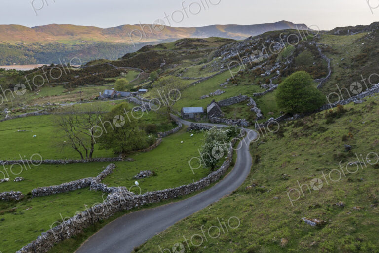 Stone Walls and Road near Dolgellau, an elevated view of the landscape, rural scene…