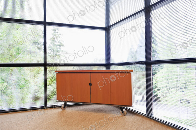 Storage cabinet in a corner office with floor to ceiling glass walls.