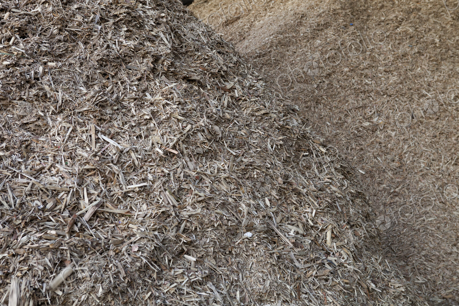Stored organic waste heaped up in a large warehouse for biomass fuel production.