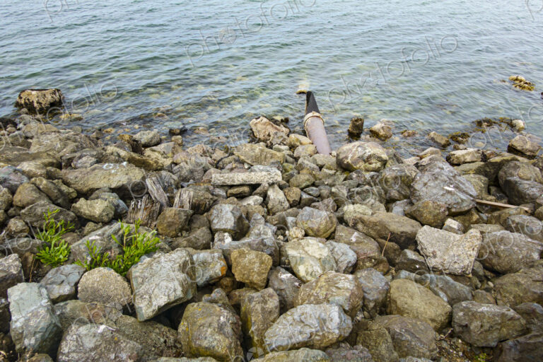 Storm sewer outlet, a pipe hidden under rocks discharging effluents and sewage into…