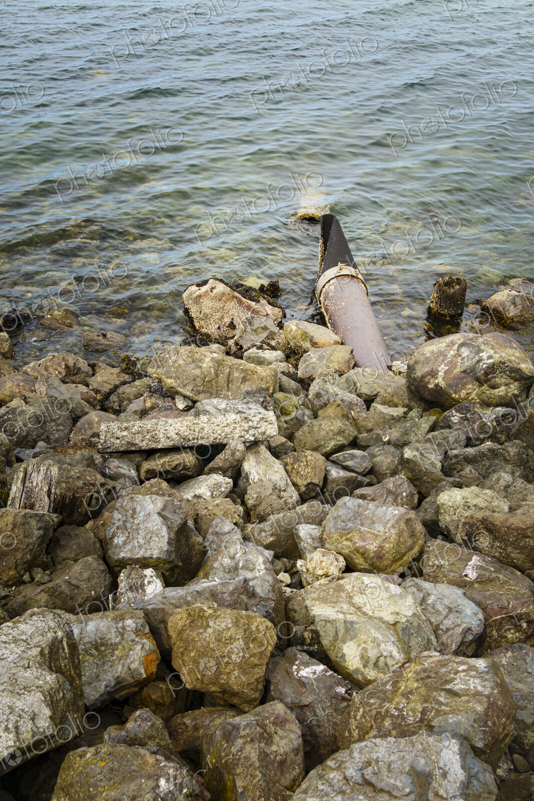 Storm sewer outlet, a pipe hidden under rocks discharging effluents and sewage into…