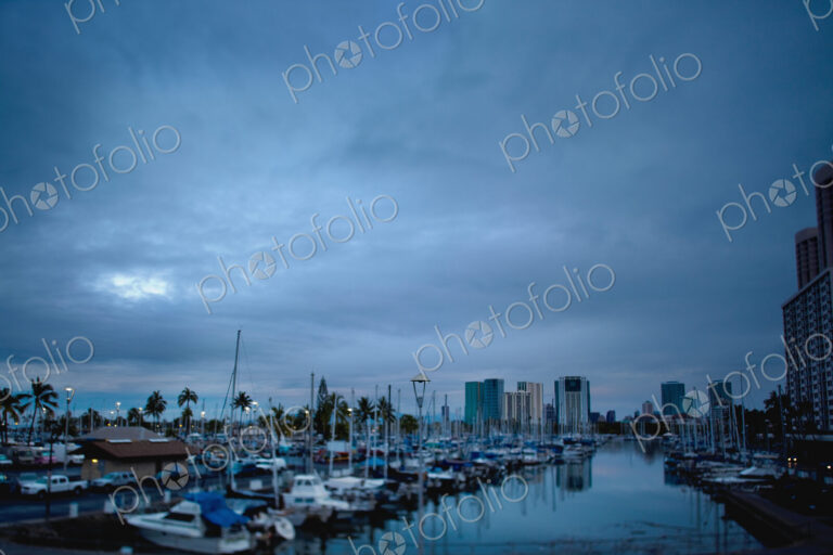 Stormy Skies Over Boat Harbor at Night, Honolulu, Hawaii