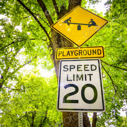 Street sign for a children's playground and speed limit, Spokane, WA USA