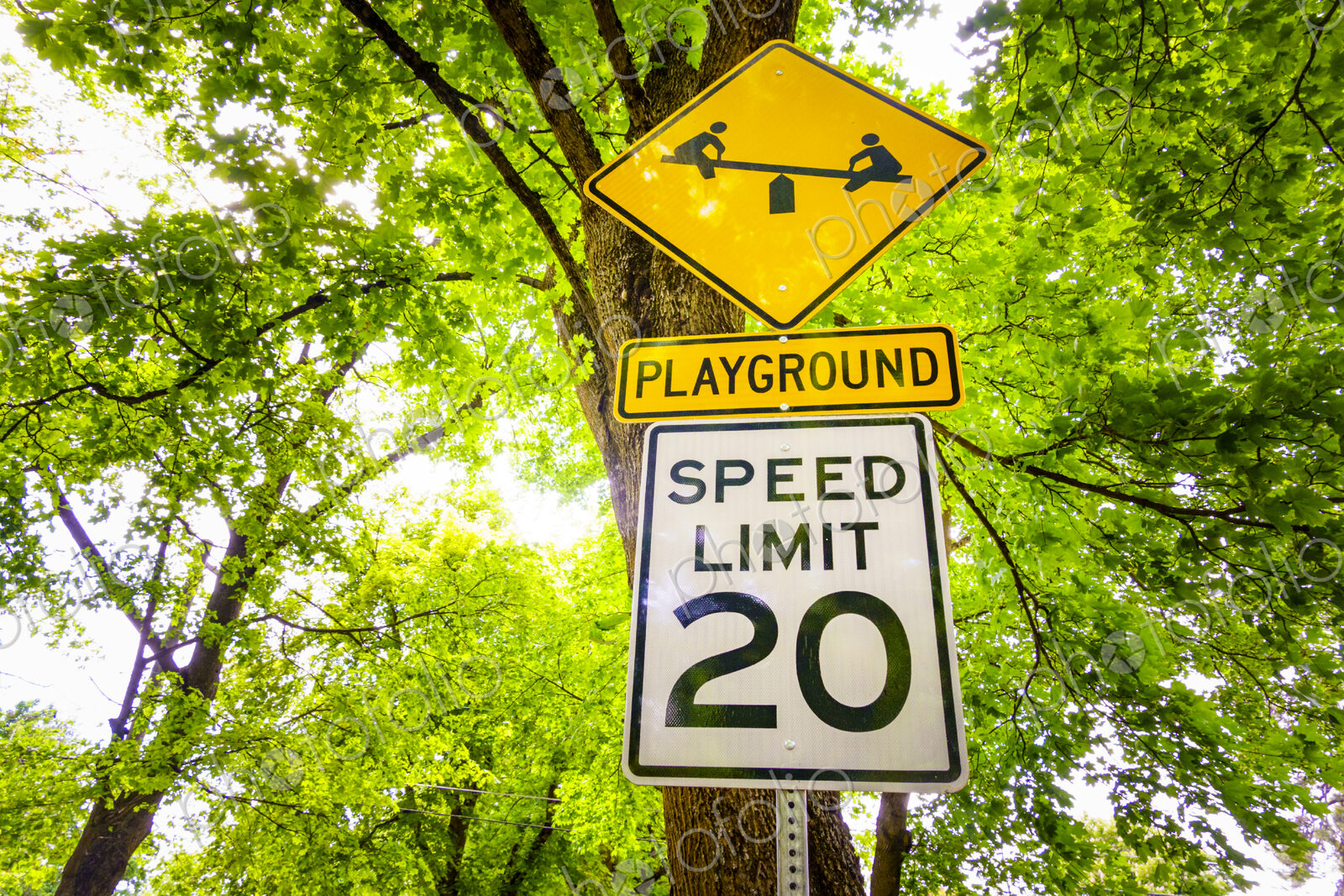 Street sign for a children’s playground and speed limit, Spokane, WA USA