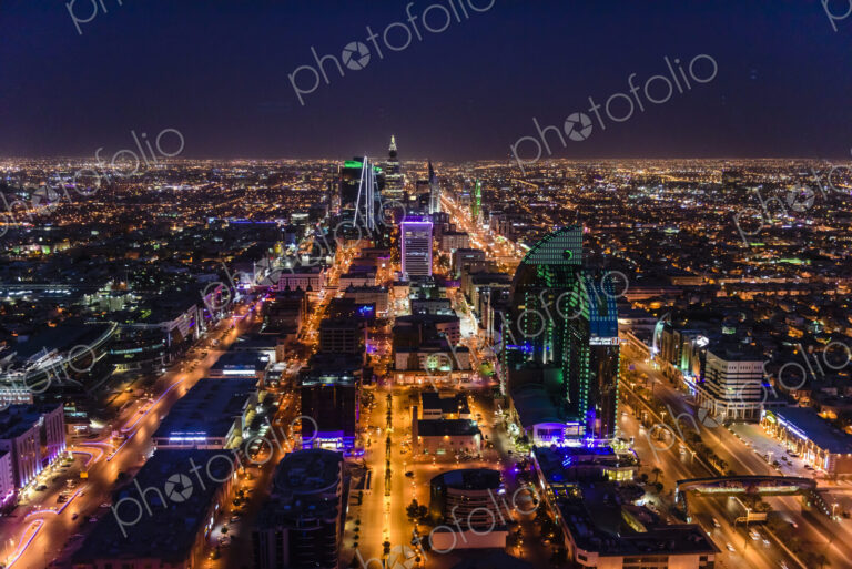 Streets in illuminated cityscape, Riyadh, Saudi Arabia