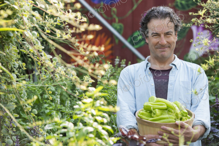 Summer on an organic farm. A man holding a basket of fresh picked vegetables.