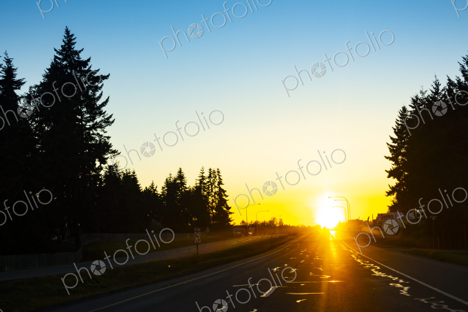 Sun setting over Highway 101 in Sequim, WA USA