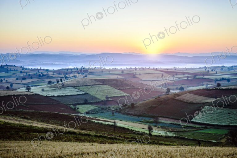 Sunrise over farmland in rural landscape