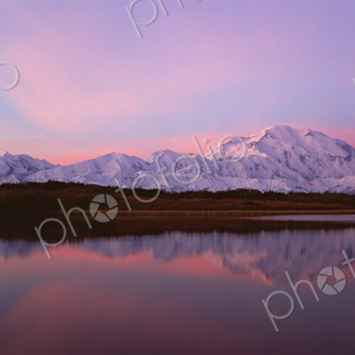 Sunset, Mount McKinley in Denali National Park, Alaska reflected in Reflection Pond. Sunset, Mount McKinley in Denali National Park, Alaska reflected in Reflection Pond.