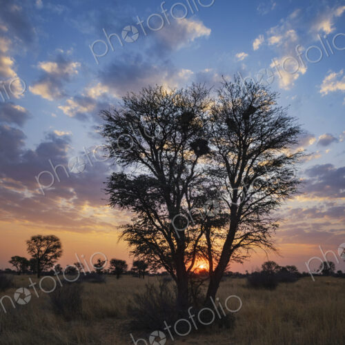 Sunset on the horizon, light clouds and the outline of trees.