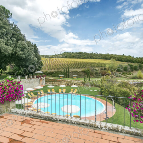 Swimming pool on hotel grounds, Radda in Chianti, Siena, Italy Swimming pool on hotel grounds, Radda in Chianti, Siena, Italy
