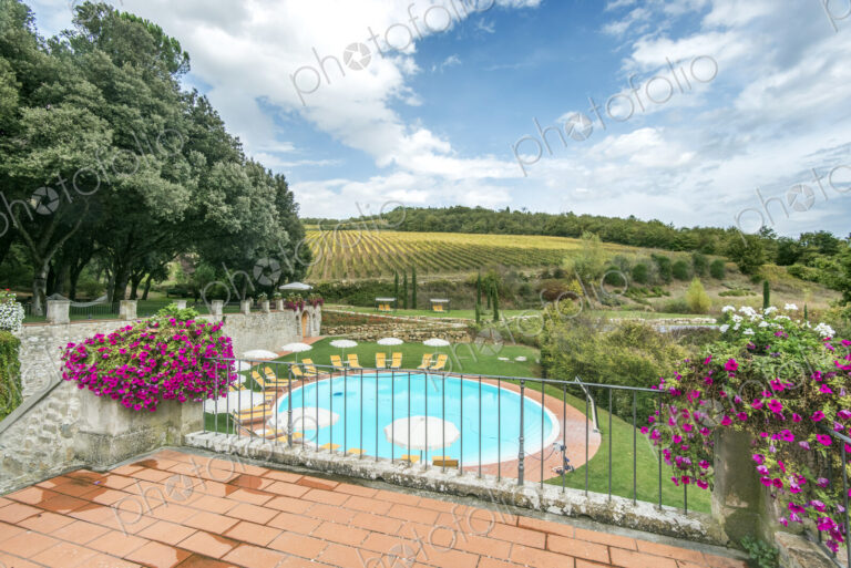 Swimming pool on hotel grounds, Radda in Chianti, Siena, Italy