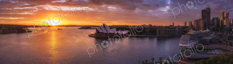 Sydney harbour with cruise ship docked at dawn.