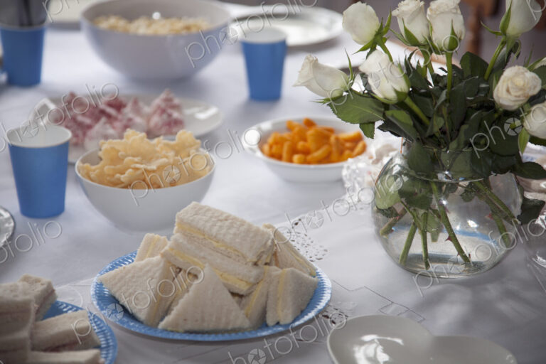 Table laid for a childrens tea party.