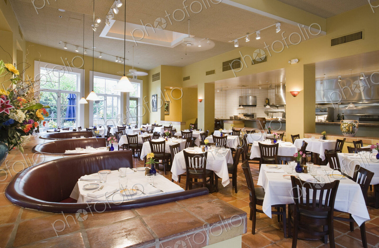 Tables and booths in empty restaurant